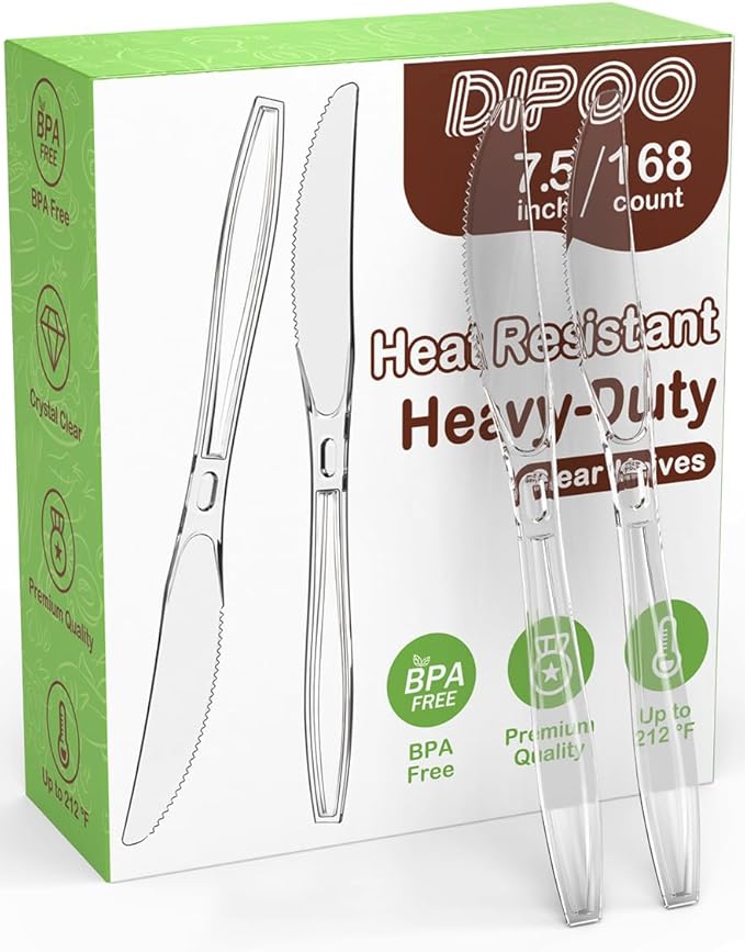 Dipoo 168pc 7.5" Clear Plastic Knives Heavy Duty Upgraded Heat Resistant & BPA by Dipoo