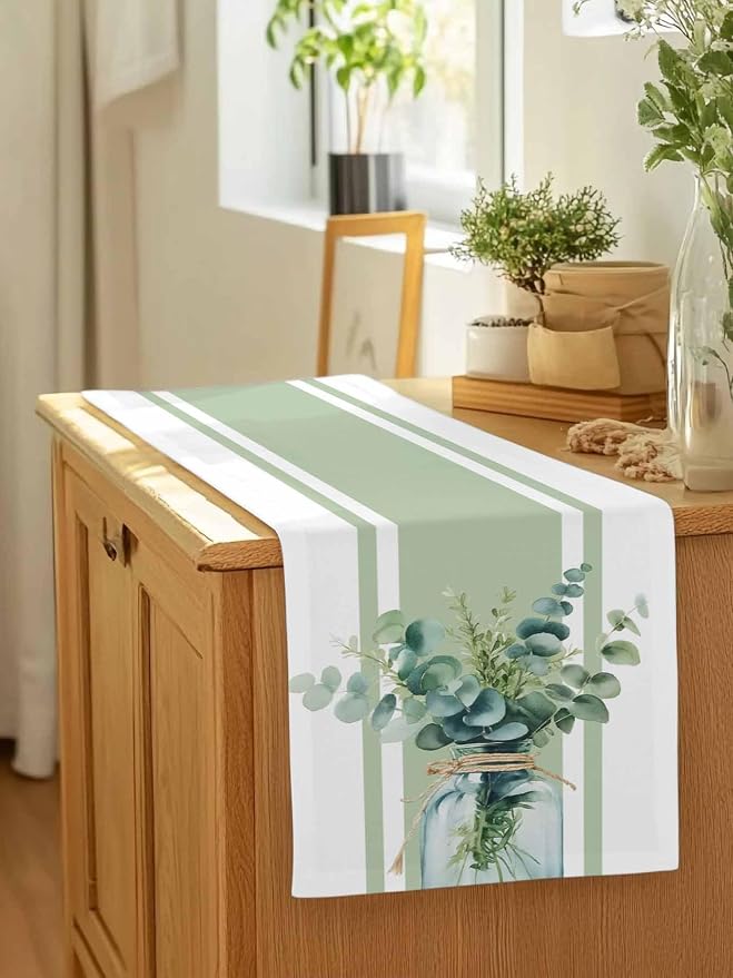 Sage Green Eucalyptus Leaves Table Runners 48 Inches Long, Farmhouse Stripe - Image 7