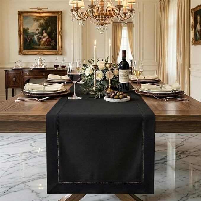 Signature Linen™ by D'Moksha Black Table Runner 72 Inches Long, 100% Pure Linen by DMokshaHomes