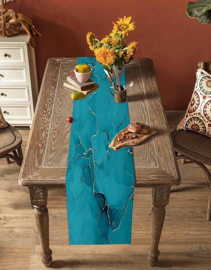 Teal Marble Table Runners 70 Inches Long, Turquoise Marble Crack Table Runner - Image 4