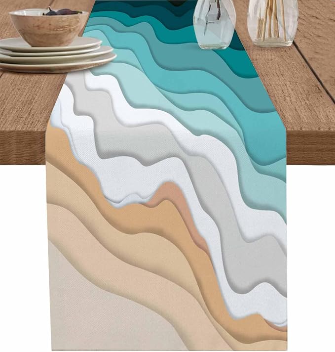 Turquoise Geometric Beach Table Runners 70 Inches Long, Cotton Linen Fabric by Edwiinsa