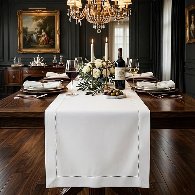 Signature Linen™ by D'Moksha White Table Runner 132 Inches Long, 100% Pure Linen by DMokshaHomes