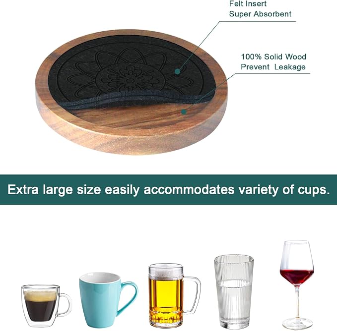 Wood Coasters for Drinks, Minacun Absorbent Coaster Sets of 5, Drinks Coasters - Image 5