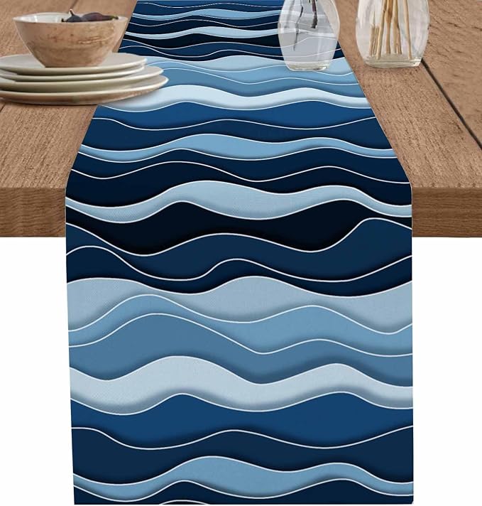 Abstract Blue Moire Table Runners 72 Inches Long, Cotton Linen Fabric Table by Edwiinsa