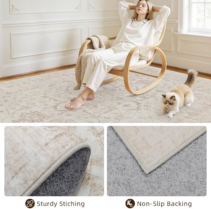 10x14 Area Rug for Living Room: Vintage Boho Neutral Washable Rug Indoor Soft - Image 4