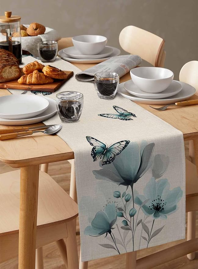 Turquoise Floral Table Runners 90 Inches Long, Spring Flowers Butterfly Table - Image 3