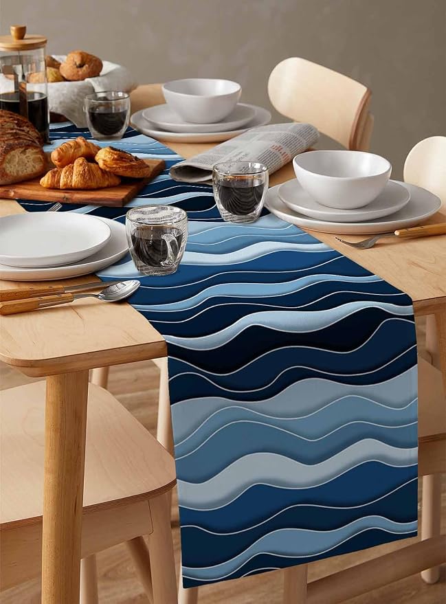 Abstract Blue Moire Table Runners 72 Inches Long, Cotton Linen Fabric Table - Image 3