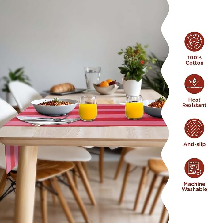 Folkulture Fall Table Runner 90 Inches Long | Pink & Red Vertical Striped | - Image 3