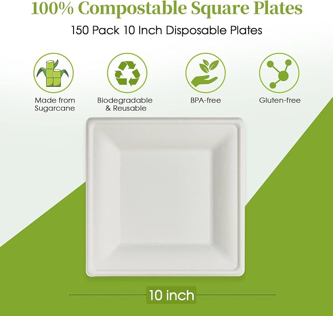 150 Piecs Compostable Square Paper Plates, 10 inch - Image 2
