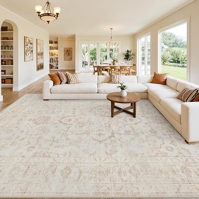 10x12 Area Rug for Living Room: Vintage Boho Neutral Washable Rug Indoor Soft by Luxturiy