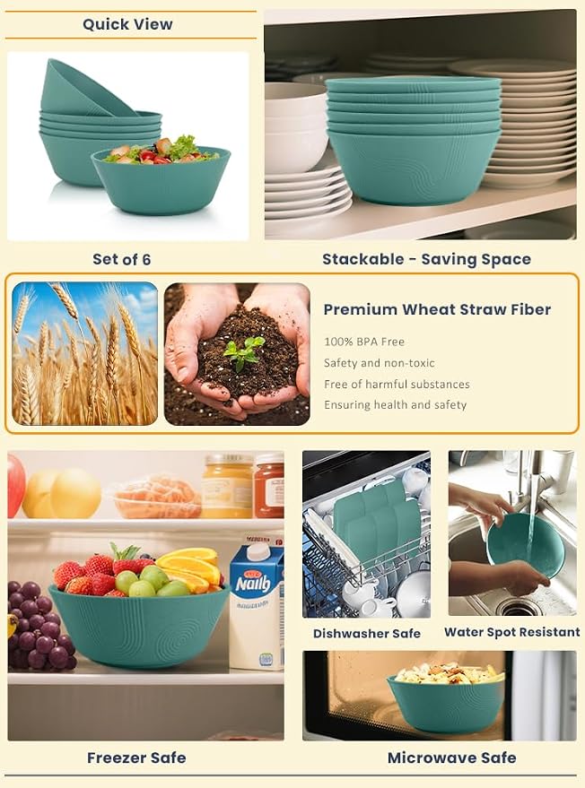 Wheat Straw Bowl Sets of 6-36oz Cereal Bowls, Microwave and Dishwasher Safe - Image 5