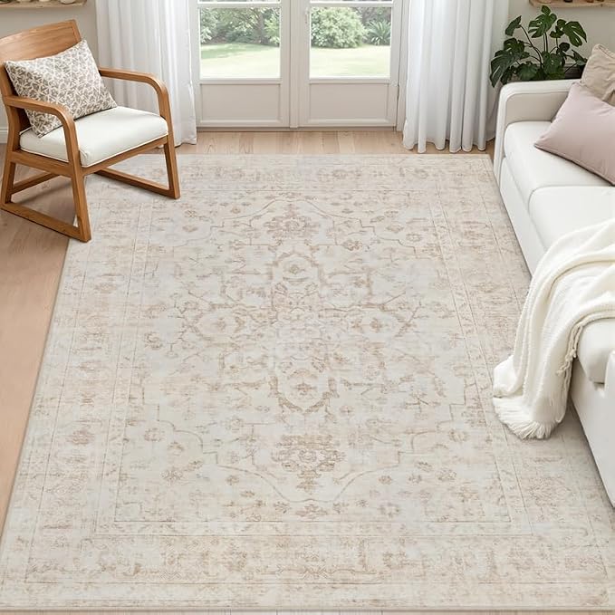 6x9 Area Rugs for Living Room: Vintage Boho Neutral Washable Rug Indoor Soft by Luxturiy