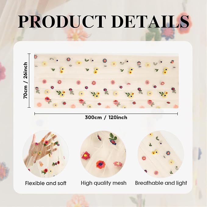 Artoid Mode 6PCS Champagne Embroidery Daisy Gauze Table Runner 120Inch 10FT | - Image 7