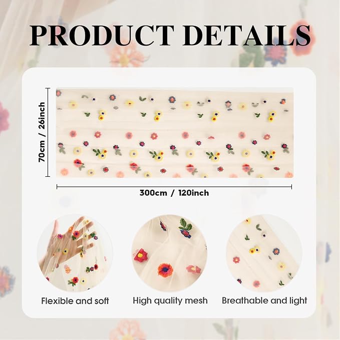 Artoid Mode Beige Apricot Floral Gauze Embroidery Table Runner 120Inch 10FT | - Image 7