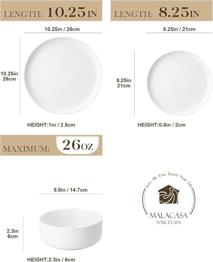 MALACASA Plates and Bowls Sets, 24 Pieces Modern Porcelain Dinnerware Set - Image 2