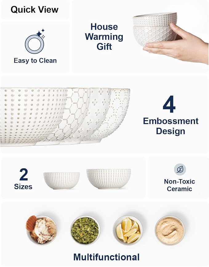 LE TAUCI Small Bowls 12 OZ, Ice Cream Bowl, Ceramic Embossment Stoneware Bowl - Image 3
