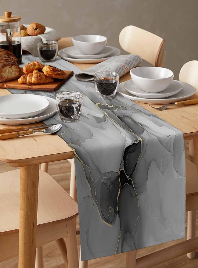 Grey Marble Short Table Runners 48 Inches, Cotton Linen Fabric Table Runner - Image 3