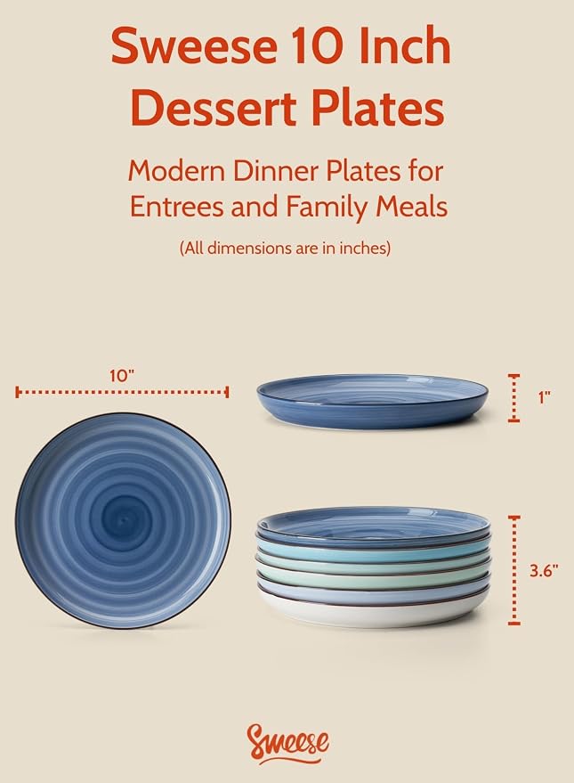 Sweese Dinner Plates, 10 Inch Round Porcelain Plates, Dish Set - Image 2