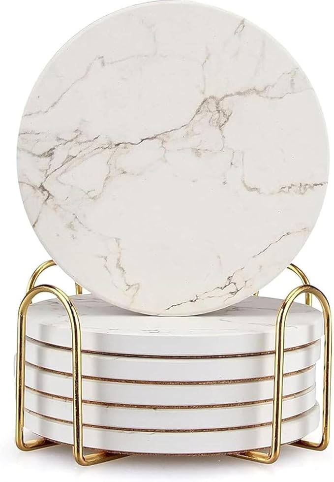 White Marble Coasters Set of 6 Absorbent Ceramic Cute Drink Coaster Holder | by Deceram
