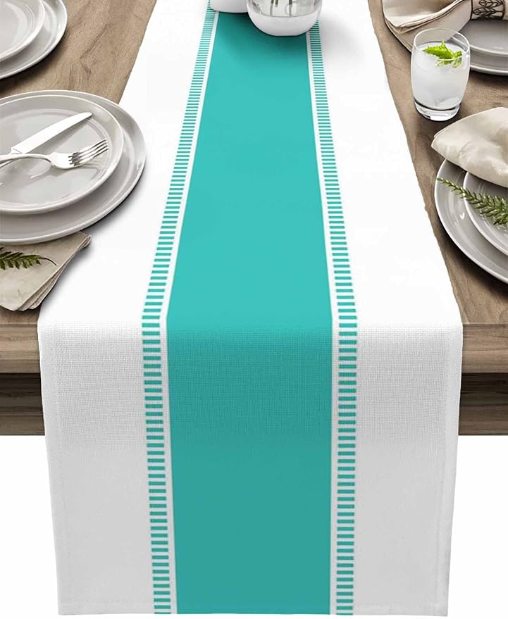 Teal Stripes Table Runners 120 inches Long, Farmhouse Burlap Table Runner by Futuregrace