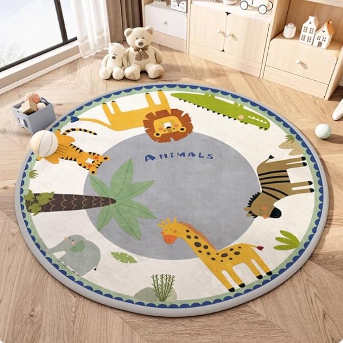 Poowe Cute Animals Kids Room Rug, 39.4" Round Washable Area Rugs Nursery Carpet - Image 2