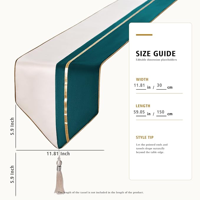 Avigers Table Runner 12 x 59 Inch, Emerald Green White, Tassels | Faux Silk - Image 2