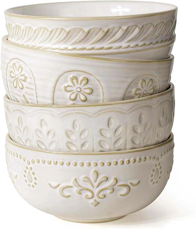 Soup Bowls 32 OZ, Cereal Bowls Set of 4, Embossment Ceramic Ramen Bowl by Artena
