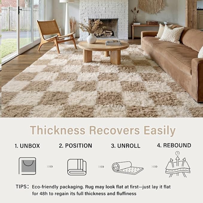 PureCozy Beige 8x10 Area Rugs for Living Room Soft Shag Checkered Large Rug - Image 4