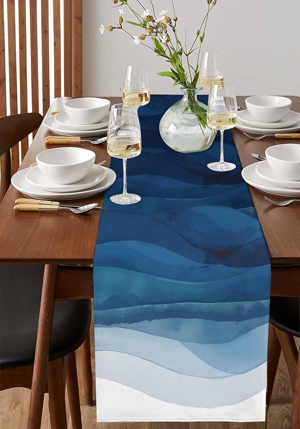 Navy Blue Ombre Table Runners 90 Inches Long, Abstract Modern Stripe Table - Image 2