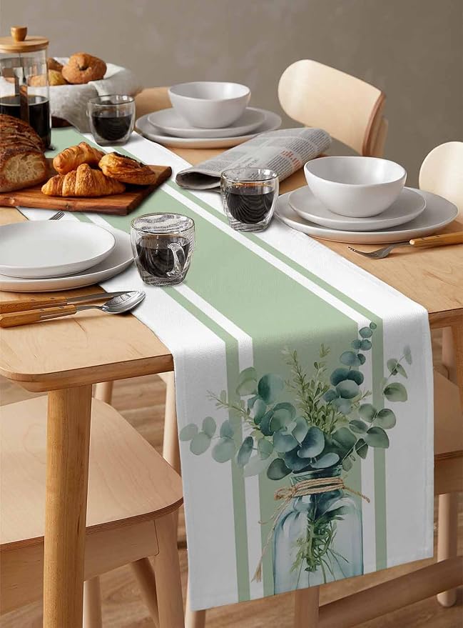 Sage Green Eucalyptus Leaves Table Runners 36 Inches Long, Farmhouse Stripe - Image 3