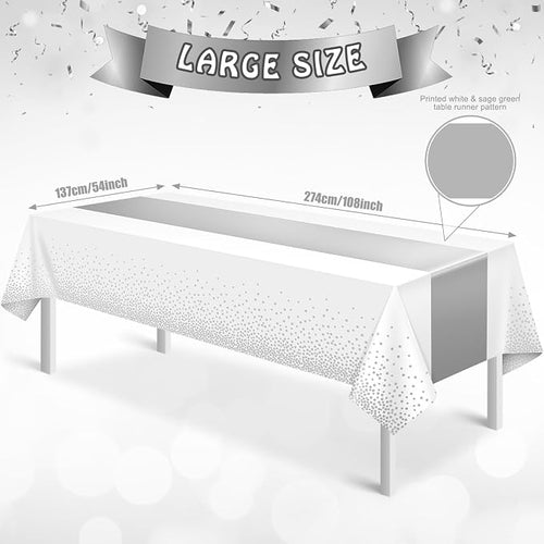 3Pcs White and Silver Tablecloth Party Decorations, Plastic White Table Cloth - Image 2