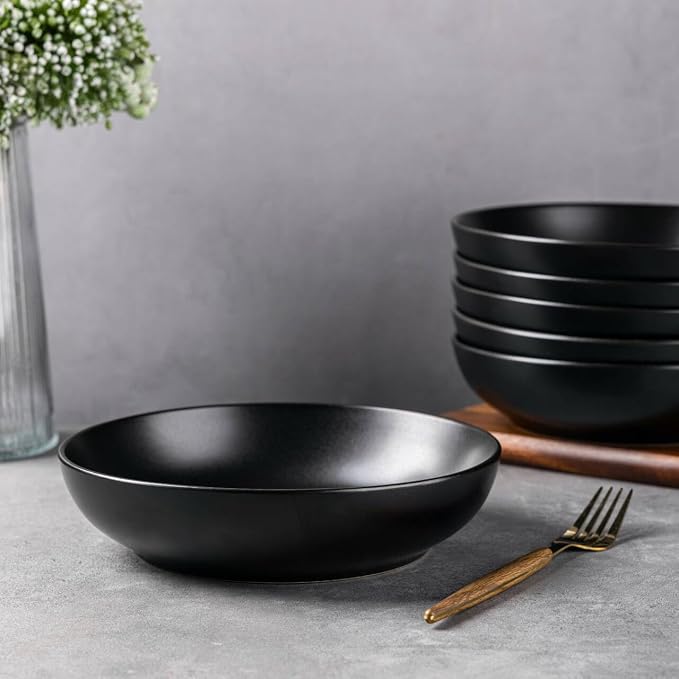 AmorArc 8.5 Inch Stoneware Pasta Bowls of 6, 32oz Large Bowls Set | Matte Black - Image 5