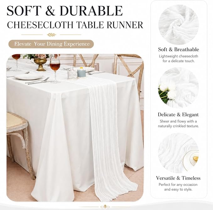 2 Pack White Cheesecloth Table Runner 17x108 Inch Boho Rustic Semi Sheer Gauze - Image 5