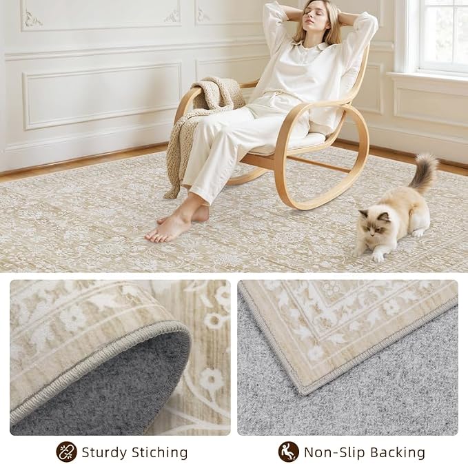 10x14 Area Rug for Living Room: Vintage Boho Neutral Washable Rug Indoor Soft - Image 4