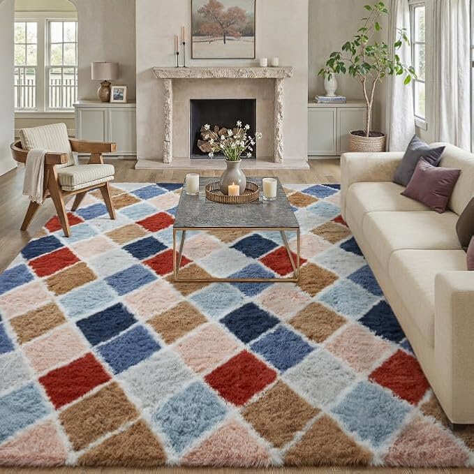 PureCozy 6x9 Checkered Rug for Living Room Rainbow Modern Soft Area Rug Fluffy by PureCozy