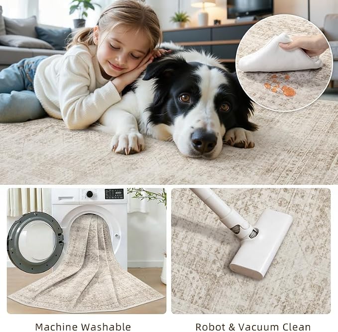 Machine Washable Area Rugs 2x3: Vintage Boho Neutral Washable Rug Indoor Soft - Image 8