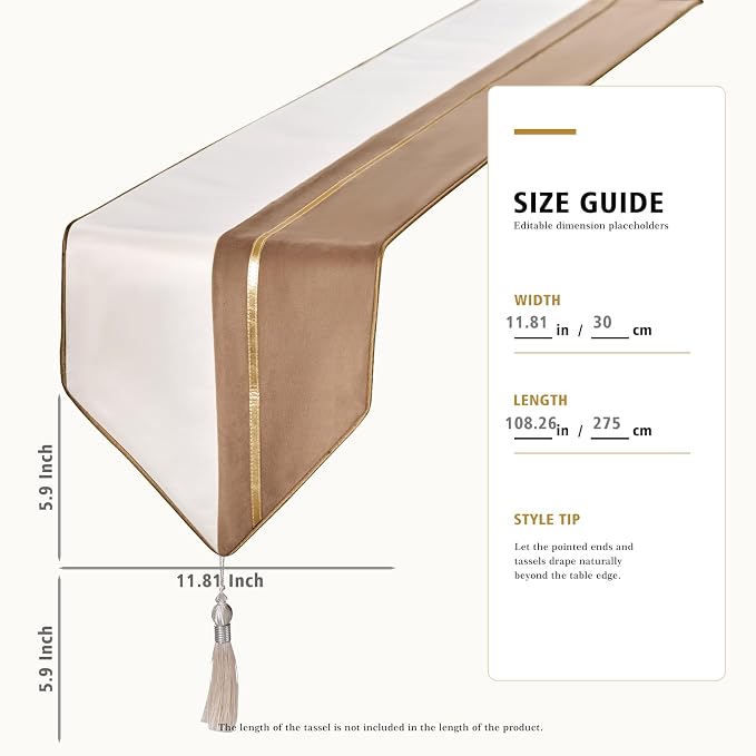 Avigers Table Runner 12 x 108 Inch, Chestnut White, Tassels | Faux Silk - Image 2