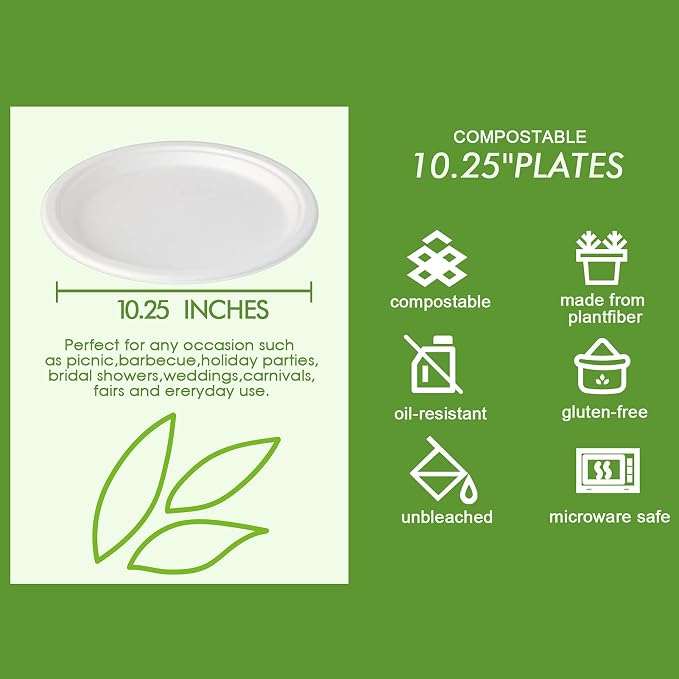 Vplus 500 Pack Compostable Bagasse Paper Plates 10.25 inch, 100% Bagasse - Image 2