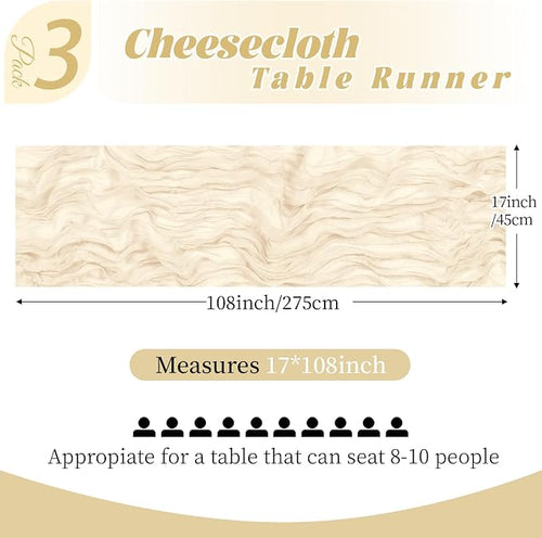 3 Pack Ivory Cheesecloth Table Runner, 17 x 108 Inch, Gauze Cheese Cloth Table - Image 2