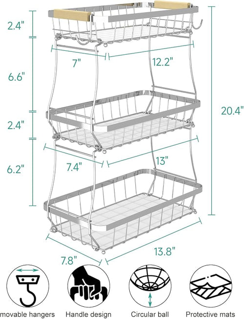 3-Tier Fruit Basket with Banana Hangers, Detachable Metal Bowl | Wooden handle - Image 2
