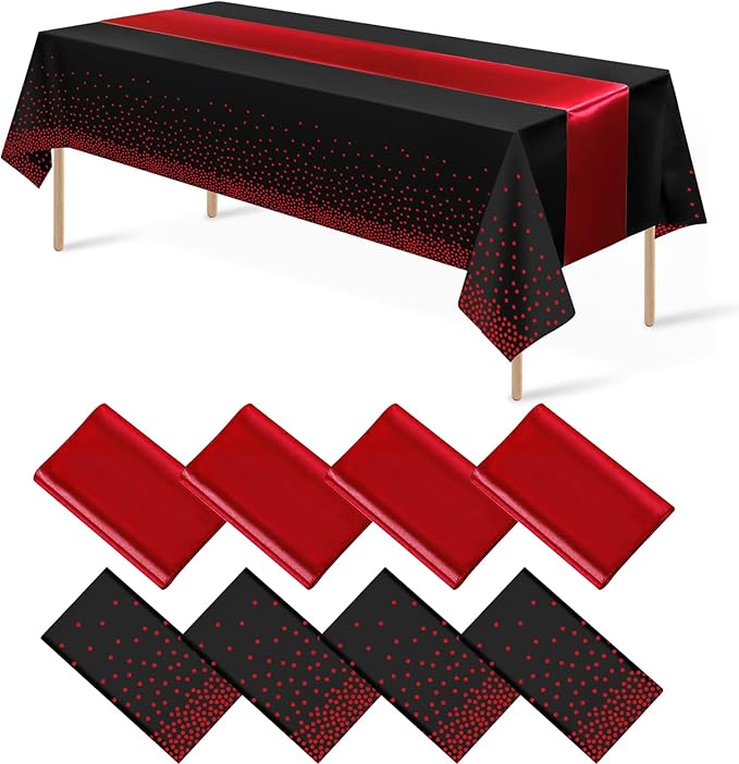 8Pack Disposable Plastic Party Tablecloths and Satin Table Runner Set Black and by MASHAN