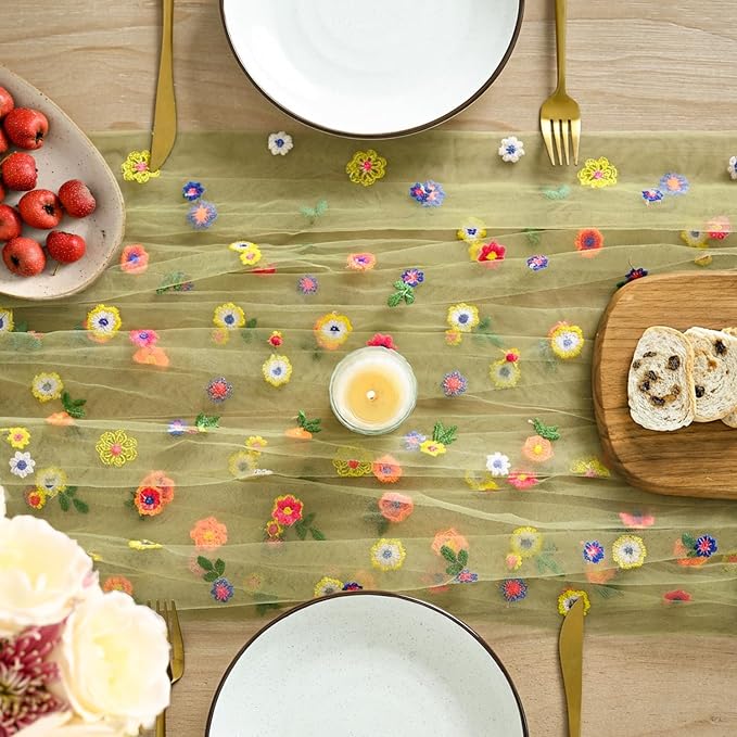 Artoid Mode Green Embroidery Daisy Gauze Table Runner 59x120 Inch 10FT | - Image 2