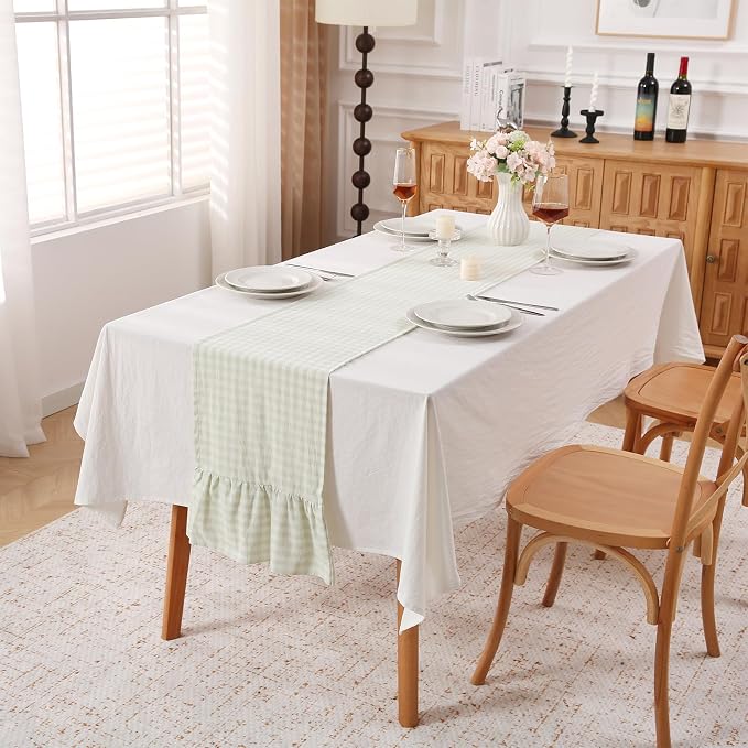Pile Green White Plaid Gingham Ruffle Table Runner 90 inches Long 100% Washed - Image 2