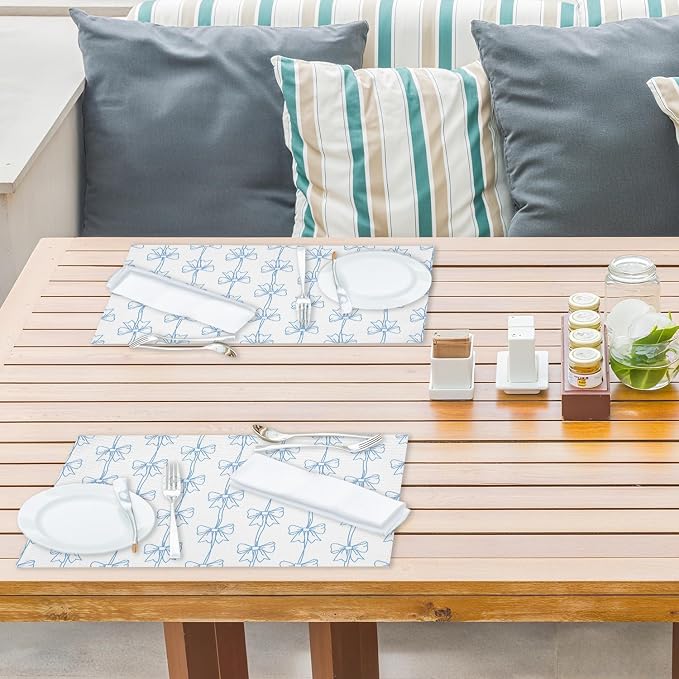 Blue Bow Placemats Set of 4, Washable Heat Resistant Placemats Kitchen Table - Image 4