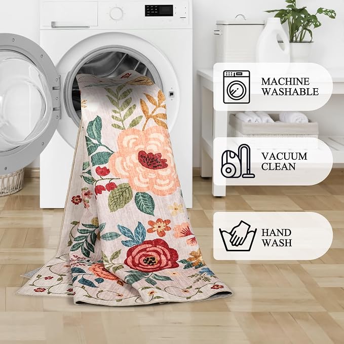 DUKINO 2.6x14 Kitchen Runner Rug, Lightweight Floral Washable Rug - Image 5