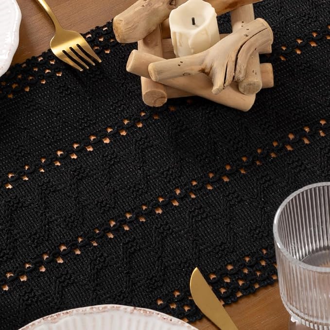 DeZerlor Black Boho Macrame Farmhouse Woven Table Runner 90Inch | Cotton Linen - Image 5