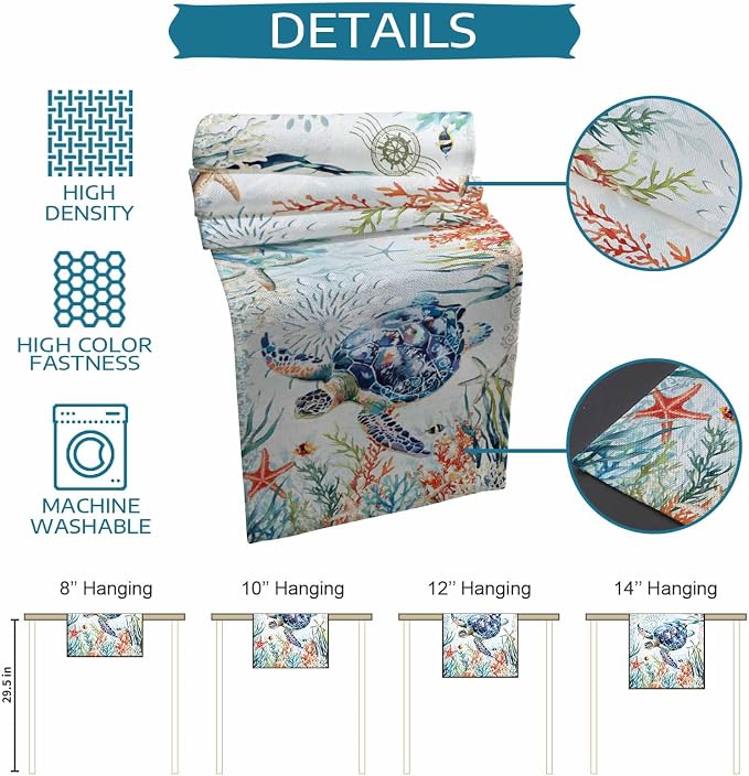 Sea Turtle Coastal Table Runners 60 Inches Long, Summer Beach Coral Table - Image 8