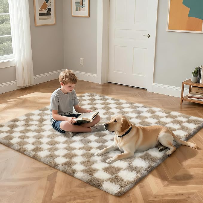 Checkered Rug for Bedroom, 2x6 Beige and White Area Rugs, Classic Checkered - Image 4