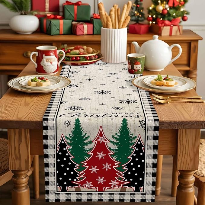 Christmas Trees Table Runner 72 Inches Long, Xmas Snowflake Retro Table Runners - Image 5