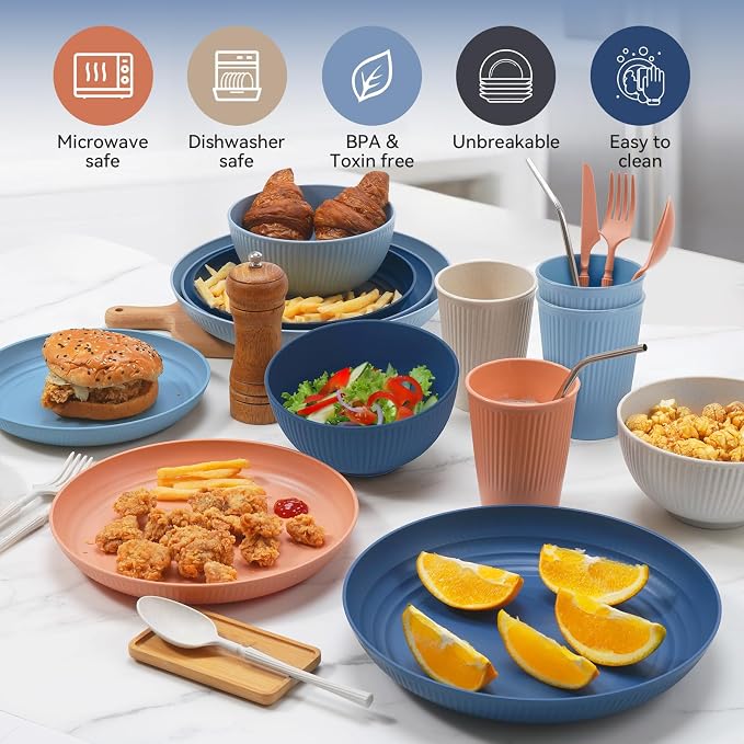 Wheat Straw Dinnerware Sets, 64-Piece Black Plates and Bowls Sets - Image 7